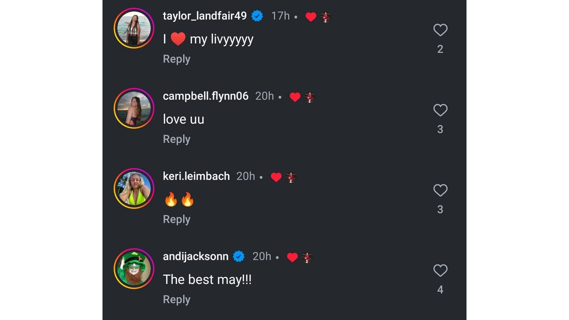 Screenshot of Jackson, Flynn, Landfair and Leimbach's comments (Image via: Mauch's Instagram)